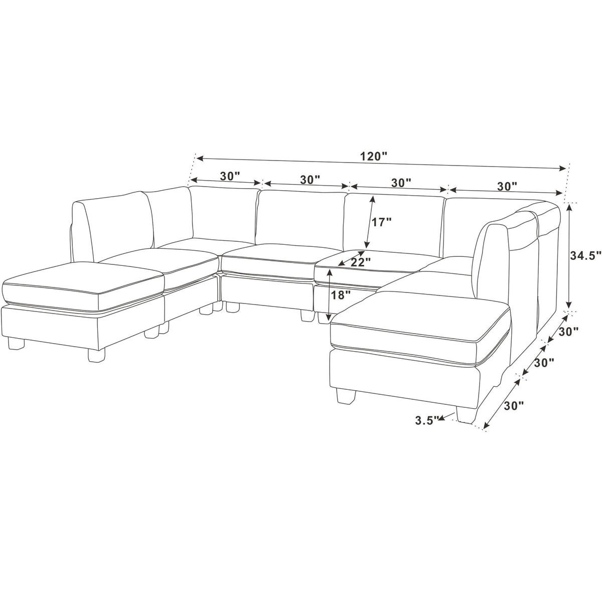 Upholstered Modular Sectional & Customizable Layout, Removable Cushions - Dark Blue
