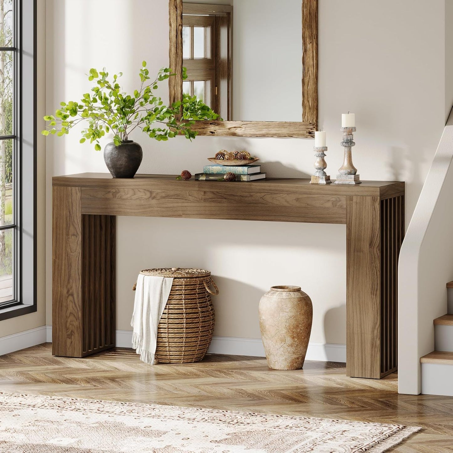 Console Table With Vertical Slat Legs For Entryway - Rustic Brown