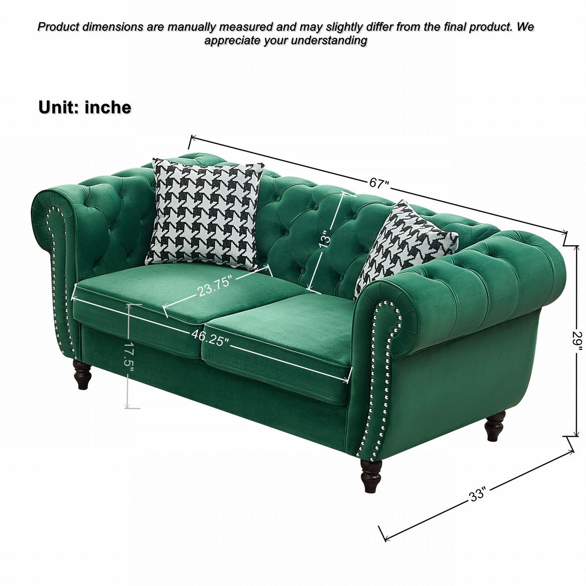 Chesterfield Fabric Sofa With Roll Armrest And Nailhead, Mid Century 2 Seater Couch