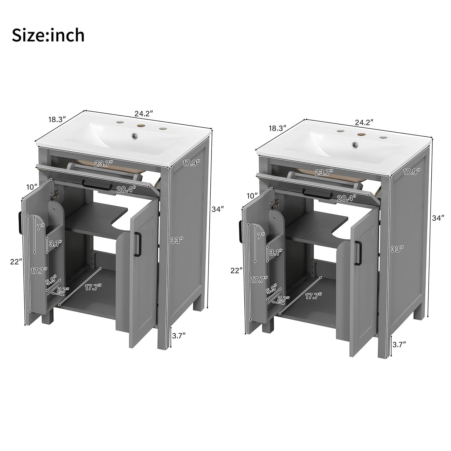 Bathroom Vanity With Ceramic Sink, Soft Close Doors, Flip Drawer, Double Layer Door Shelves