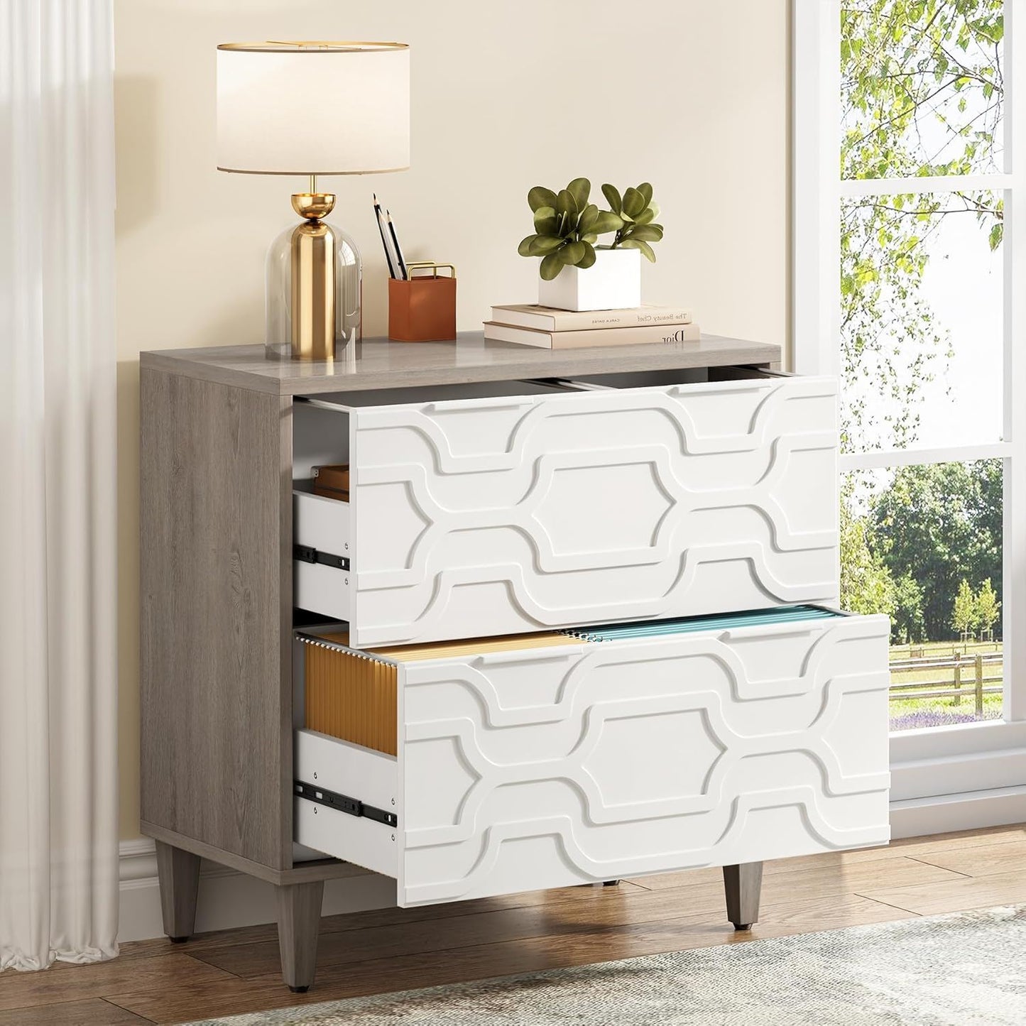 2 Drawer Lateral File Cabinet, Fits A4 / Letter / Legal - Gray / White