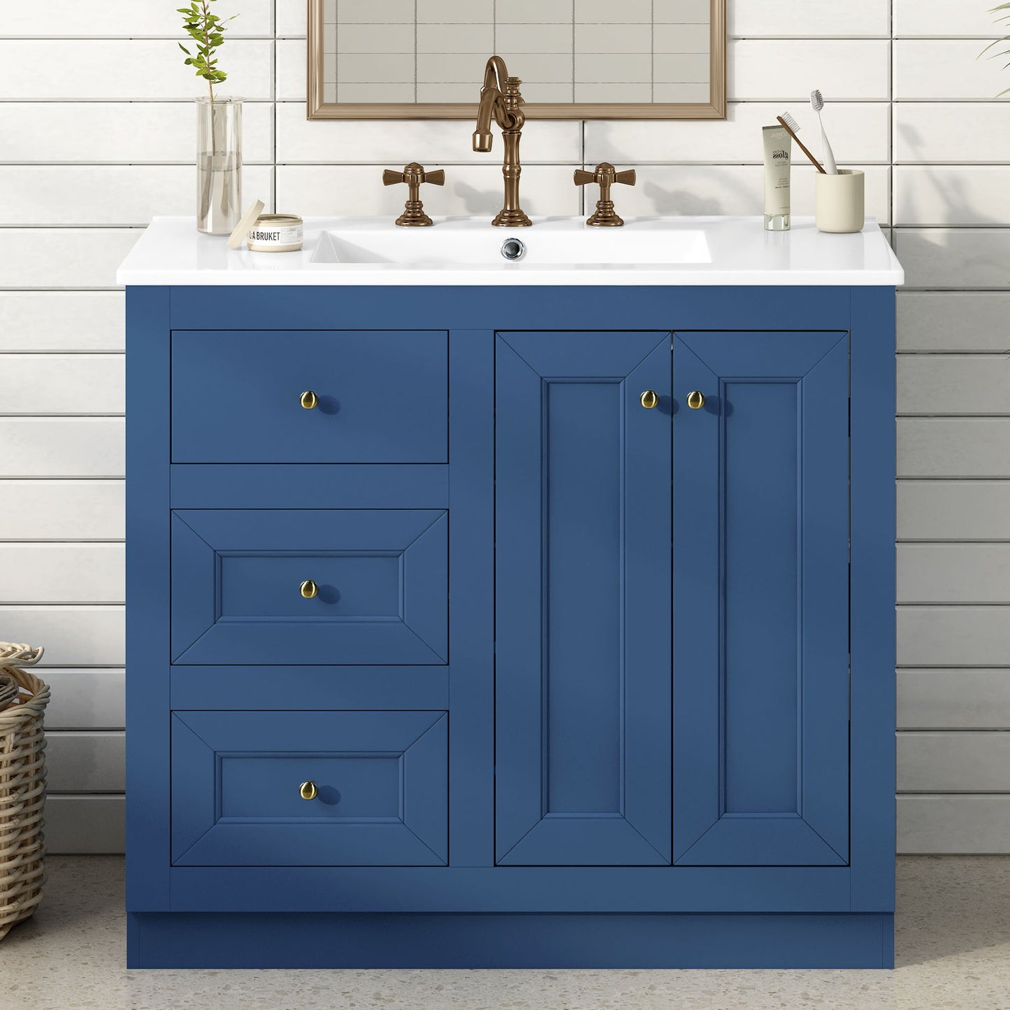 Bathroom Vanity With Ceramic Sink, Bathroom Storage Cabinet With 2 Drawers & Shelf, Freestanding Bathroom Cabinet - Blue