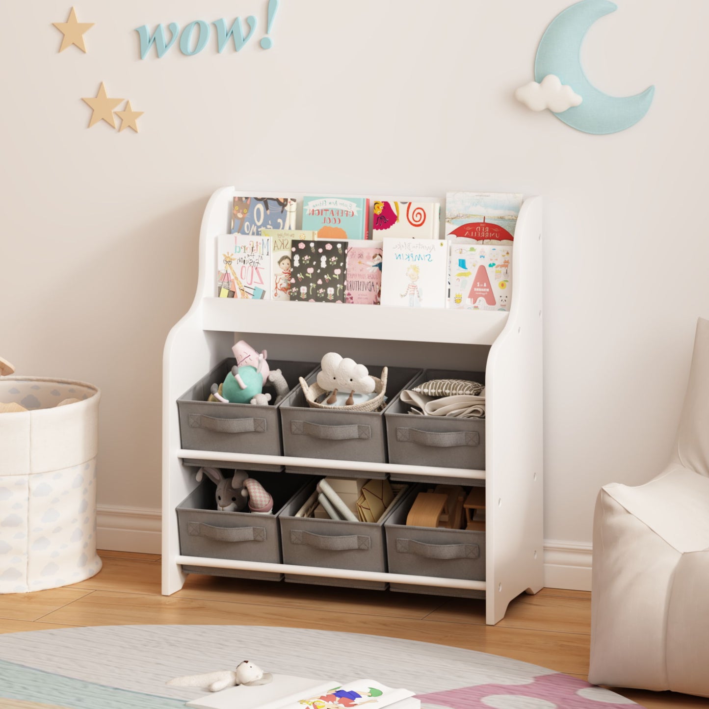Bookshelf With 6 Storage Bins, Multi Functional Children's Bookcase And Toy Organizer - White