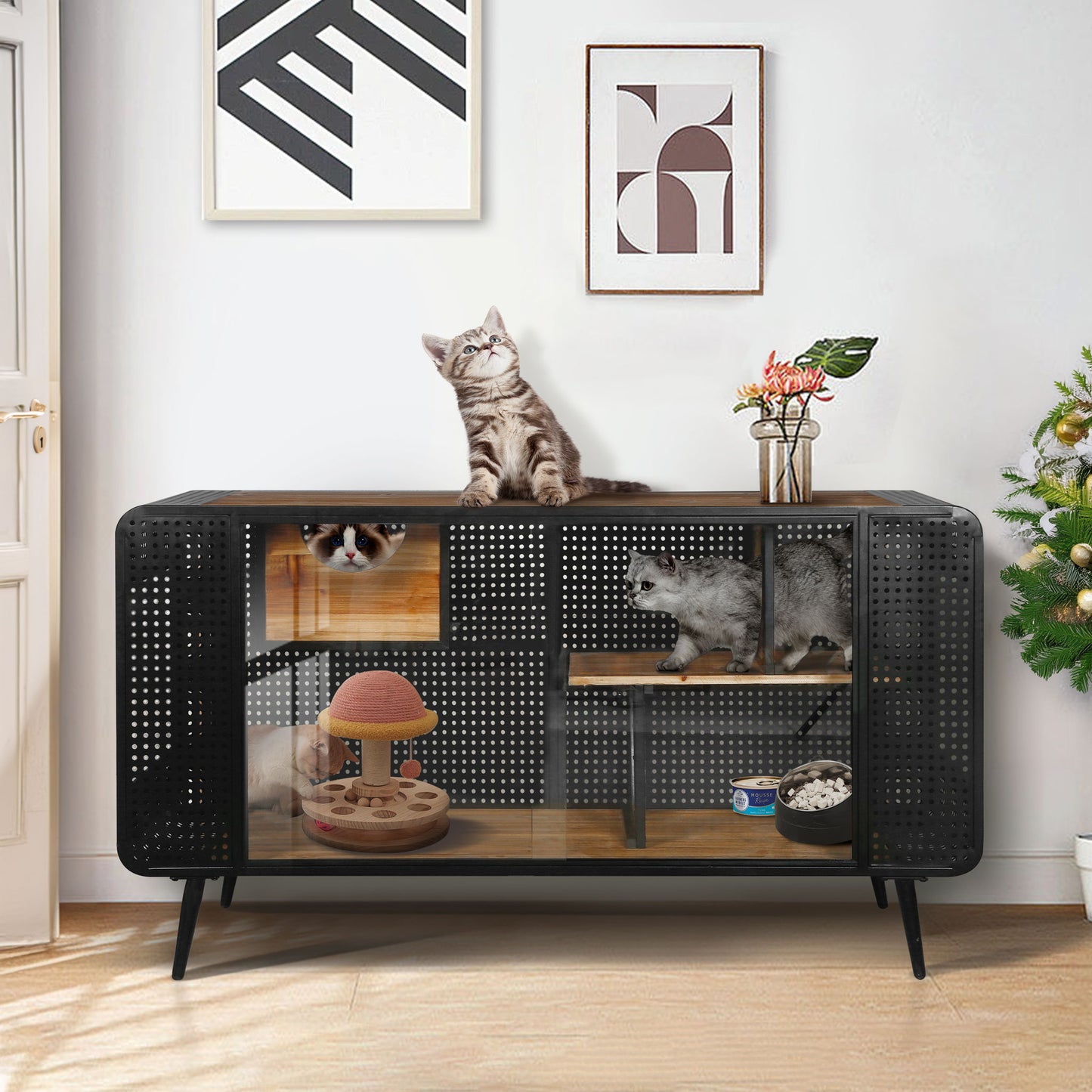 Modern Spacious Cat House With Tempered Glass And Iron Frame For Living Room - Black / Brown