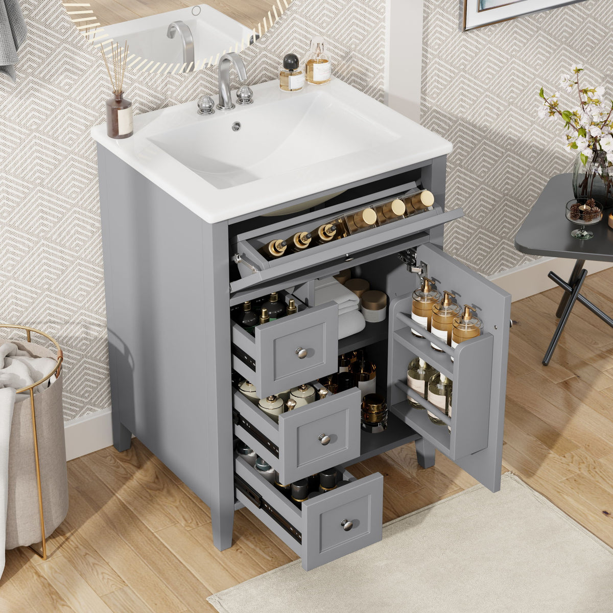 Bathroom Vanity With Sink, 3 Drawers & Cabinet With Adjustable Shelves