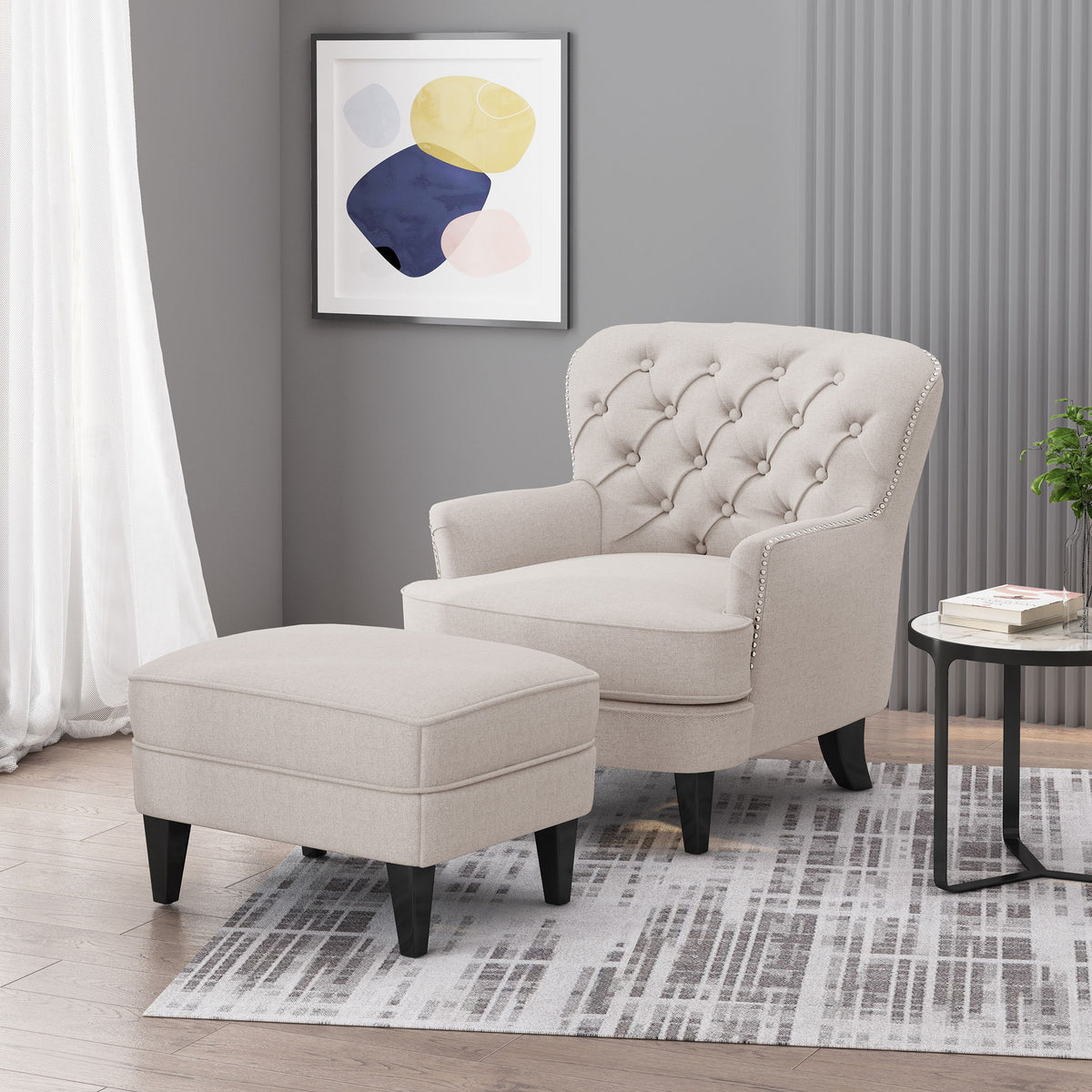 Stylish Club Chair And Ottoman Set With Birch Legs - Wheat