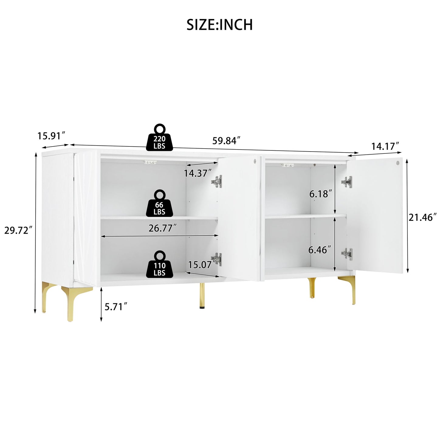 Modern 4 Door Sideboard With Creative Carved Surface And Adjustable Shelves