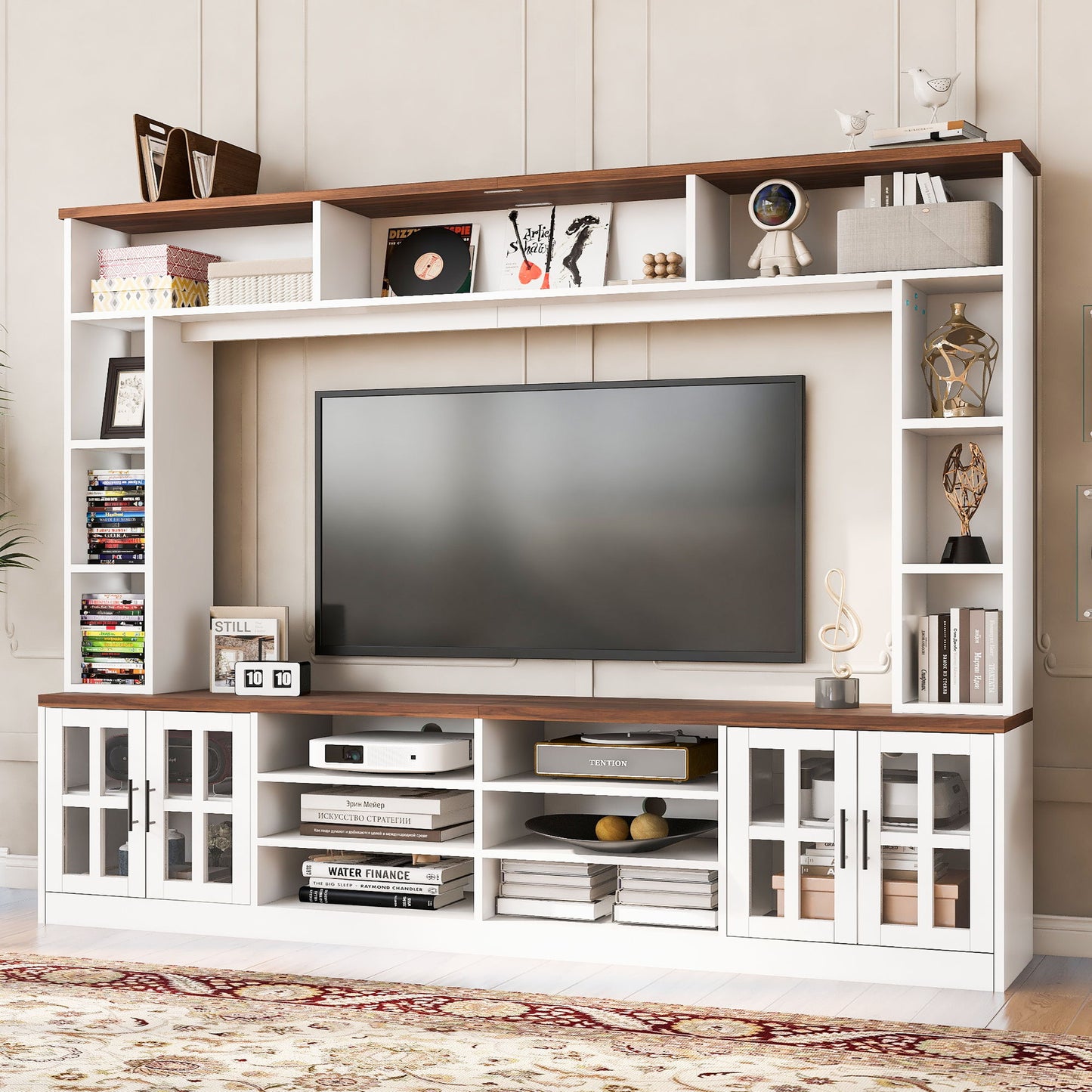 Wall Unit Entertainment Center With Bookshelves For TVs Up To 80", Tempered Glass Doors And Adjustable Shelves