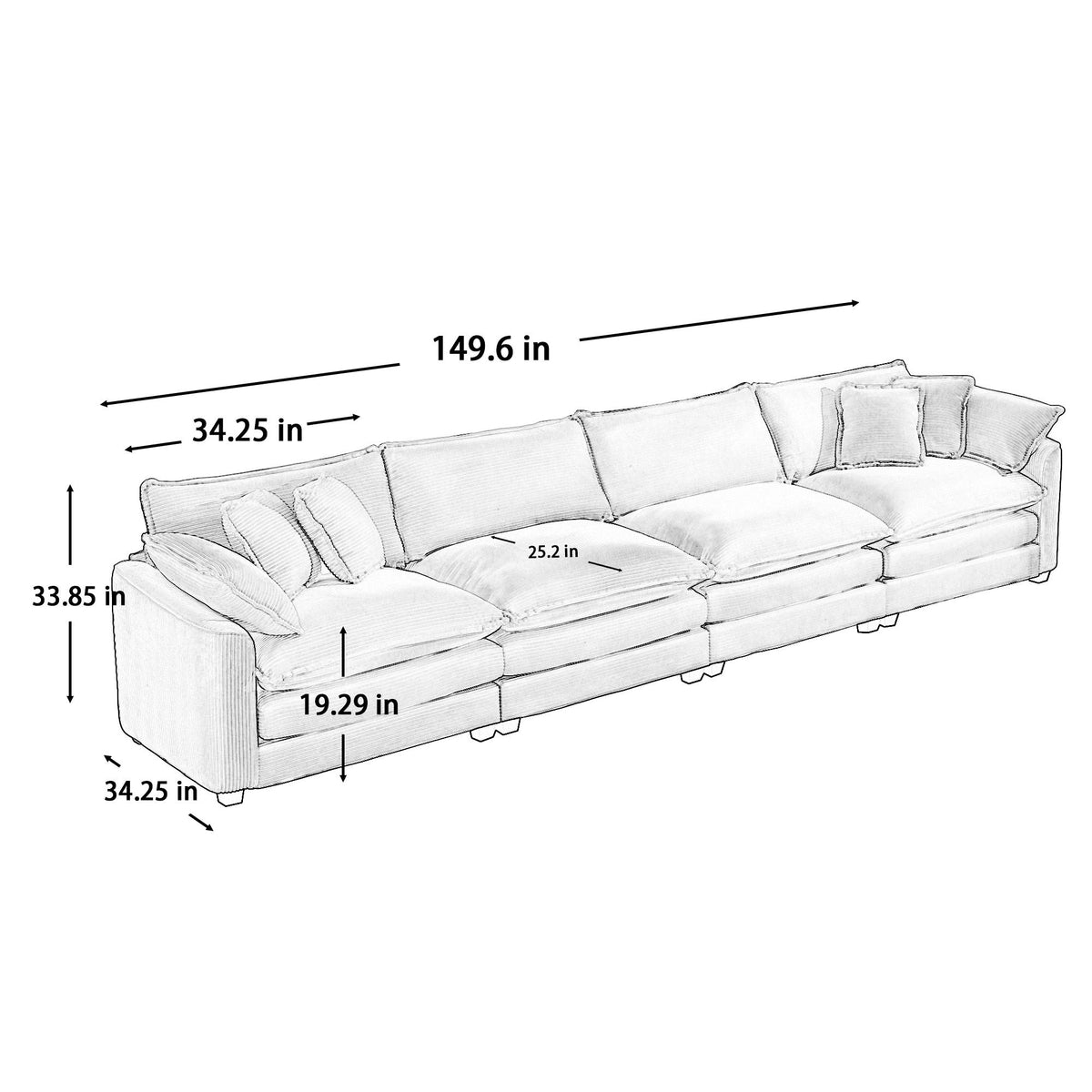 Modern Upholstered 4 Seater Corduroy Fabric Sofa With Arm And Throw Pillows - Gray