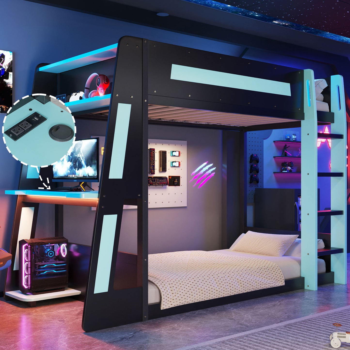 Gaming Bunk Bed With Desk, 2 Storage Shelves, USB And LED Light