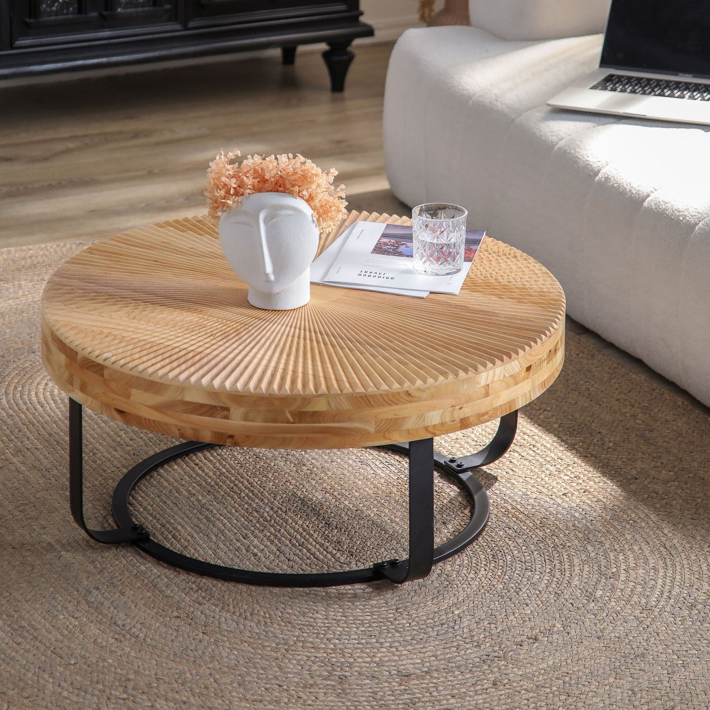 Modern Round Coffee Table With Wooden Carving Pattern