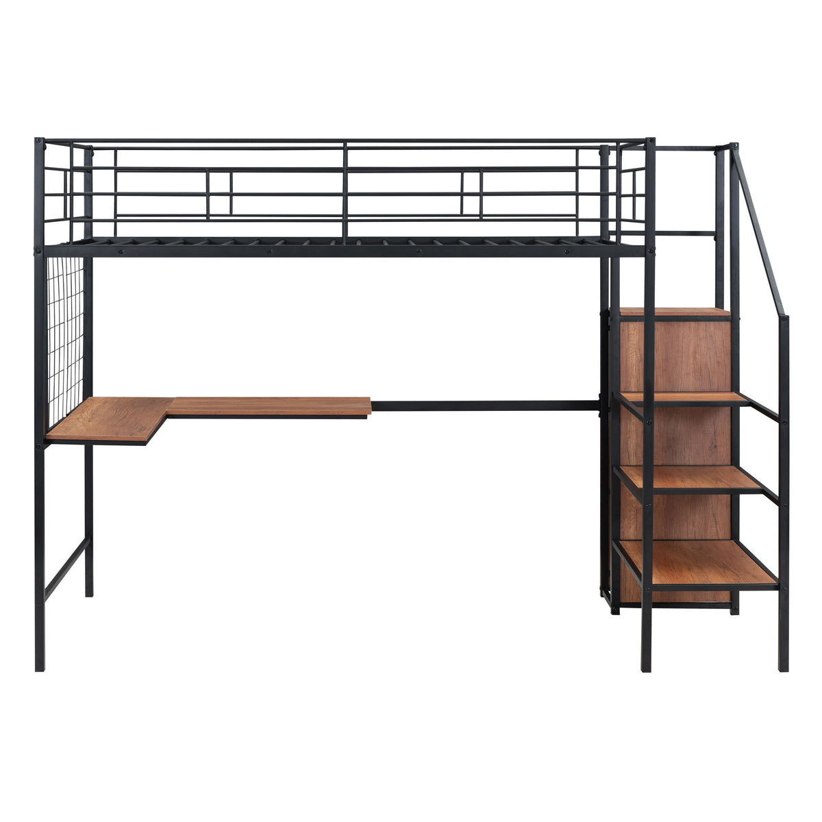 Twin Size Loft Bed With Desk And Grid, Storage Ladder And Wardrobe - Black