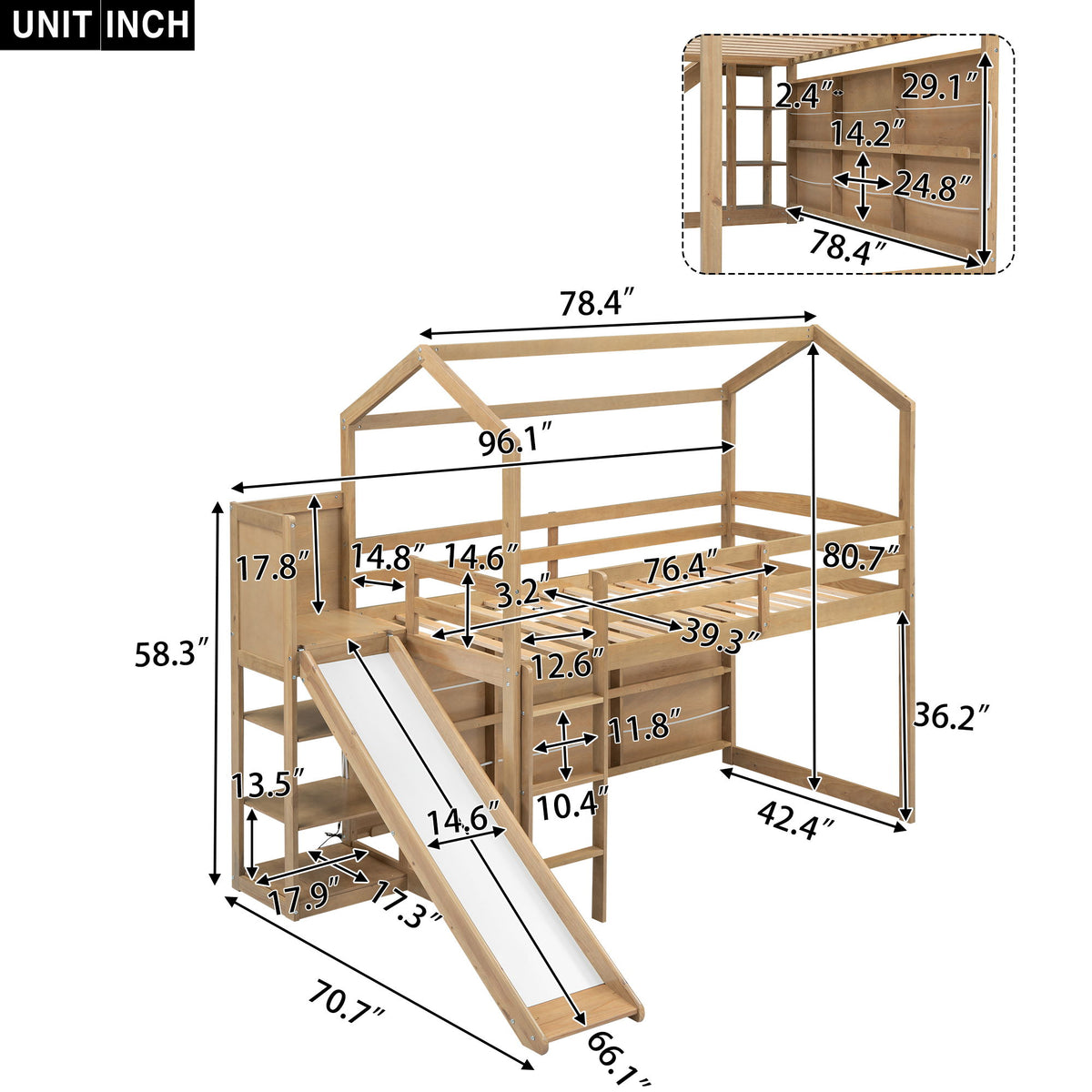 House Loft Bed With Slide, Storage Shelves And Light, Climbing Ramp