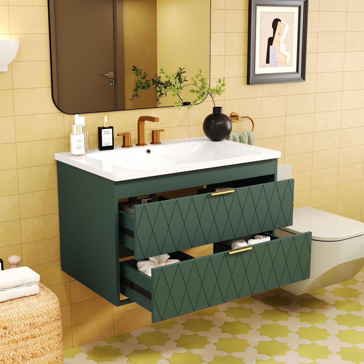 Wall Mounted Bathroom Vanity With Resin Sink, Floating Bathroom Storage Cabinet With 2 Drawers