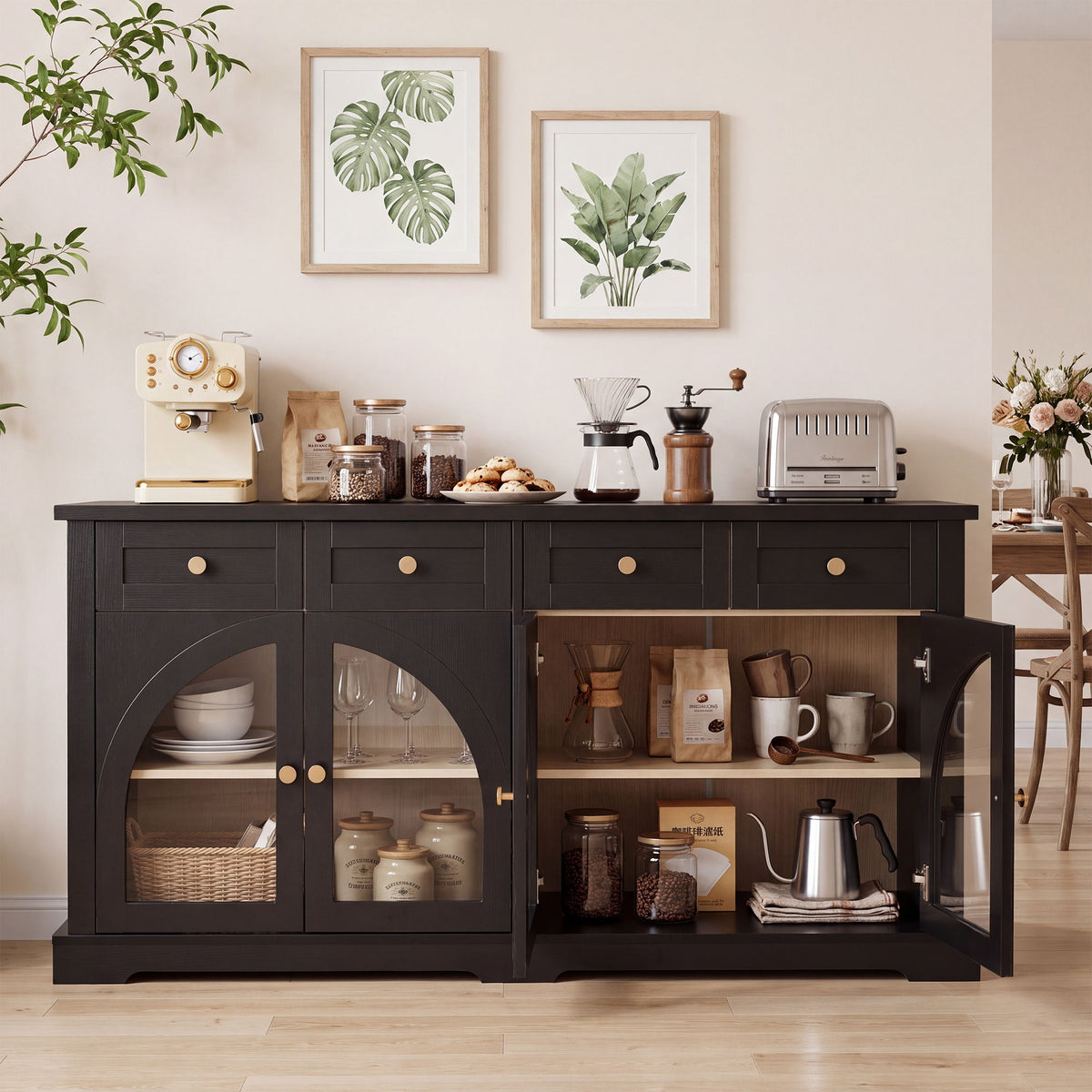 Sideboard Cabinet With 4 Drawers And 4 Arched Glass Doors
