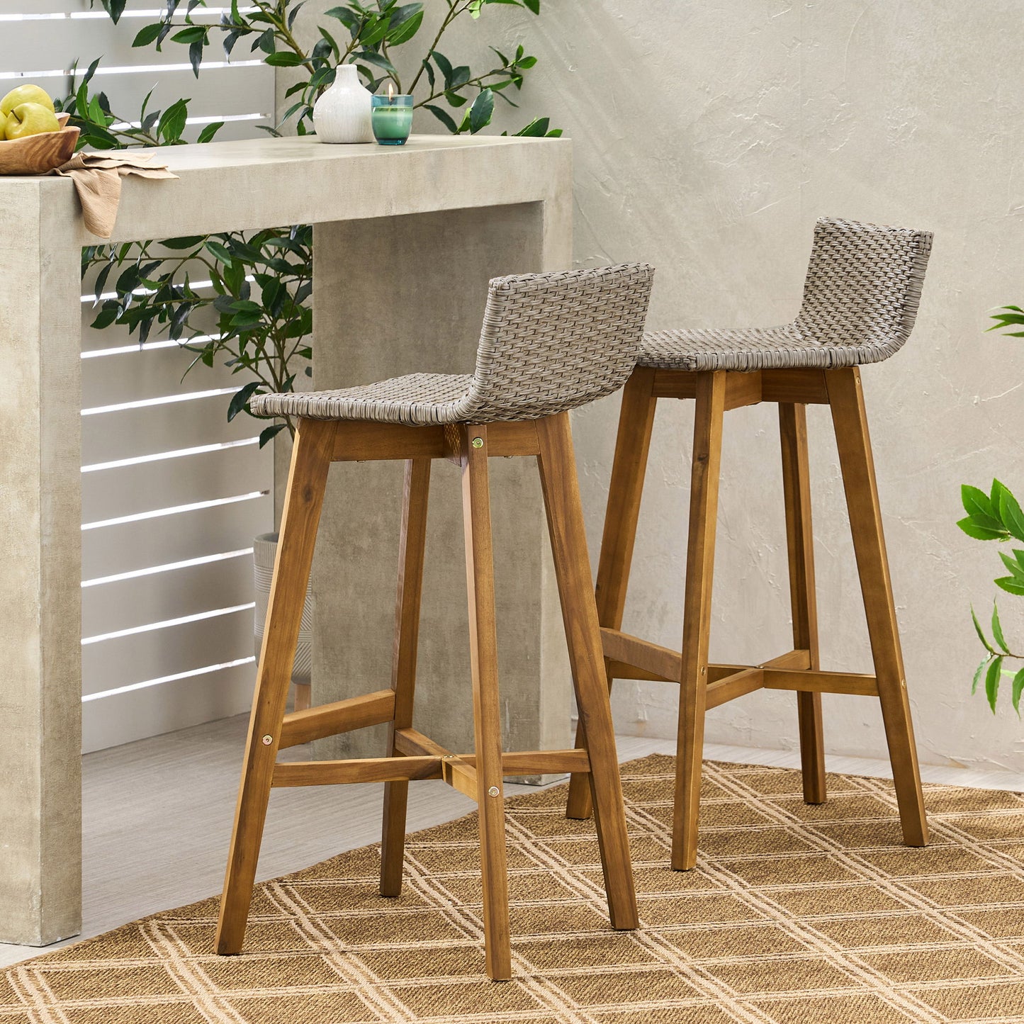 Equinox - Outdoor Barstool With Rattan Wicker Top And X Stretcher Frame (Set of 2)