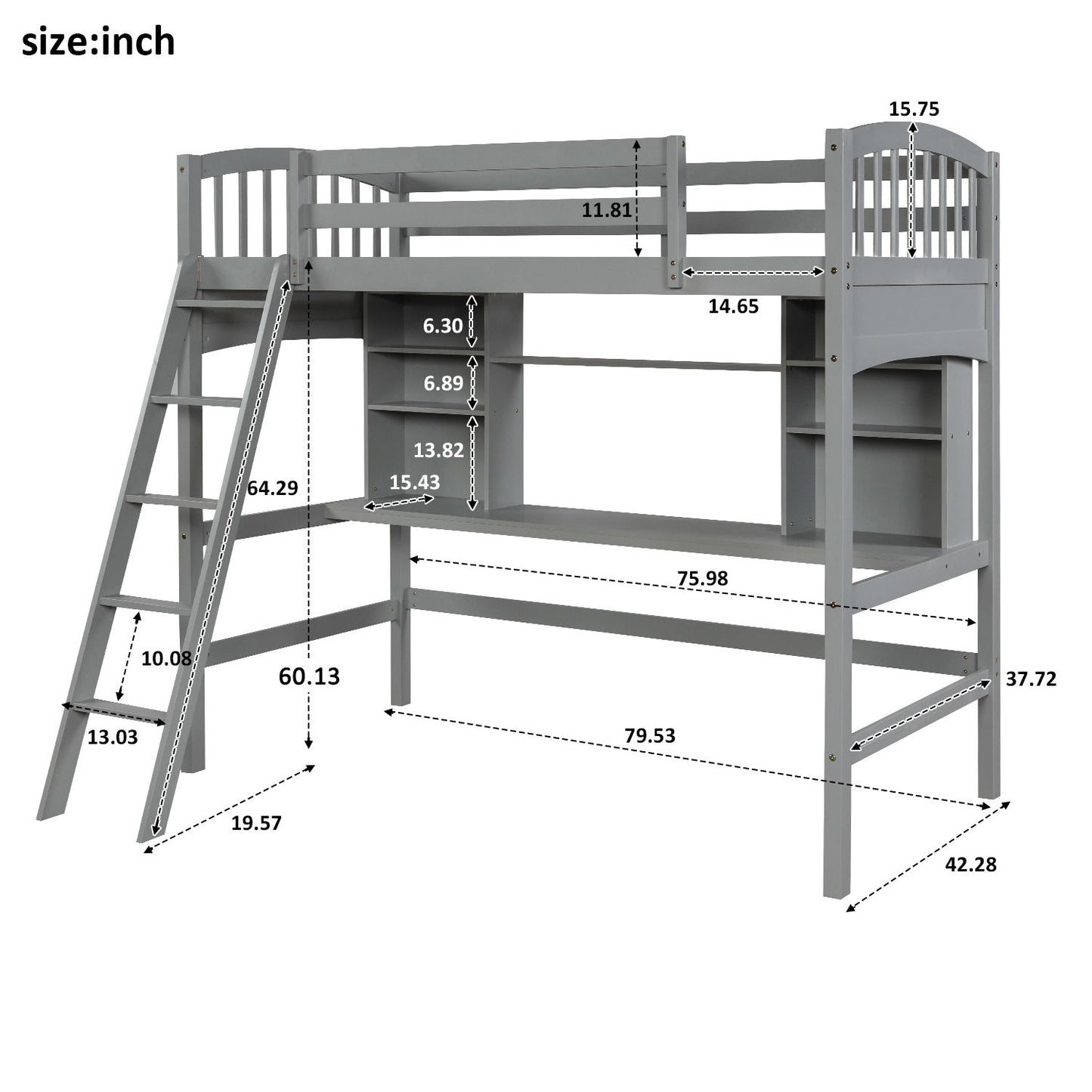 Loft Bed With Storage Shelves, Desk And Ladder