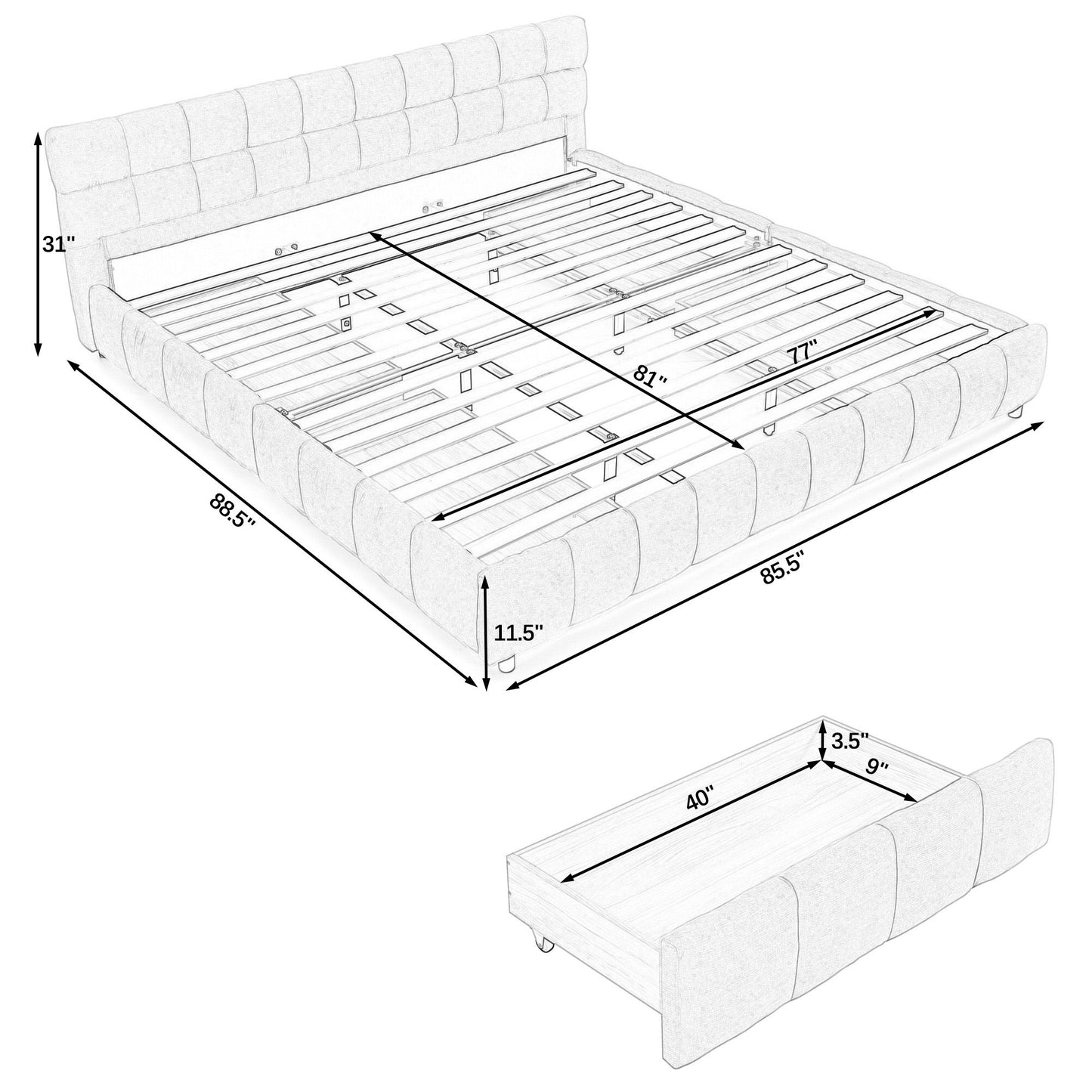 Modern Platform Bed Frame With Thick Fabric