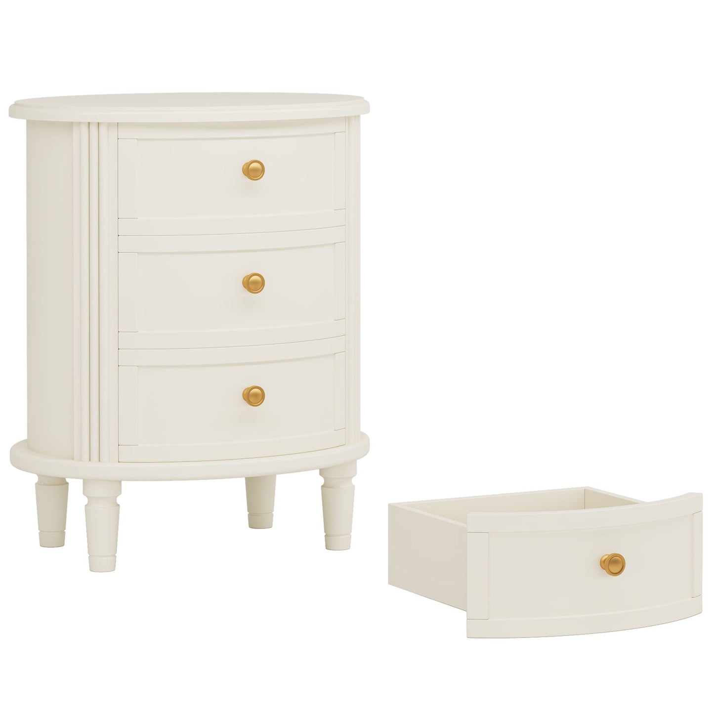 Oval Nightstand With 3 Drawers, Bedside Table - White