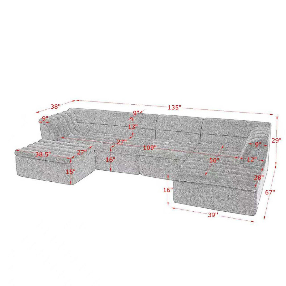 U-Shaped Modular Sectional Sofa With Chaise And Movable Ottoman, Wave-Shaped Armrest, No Pillows Included - Black