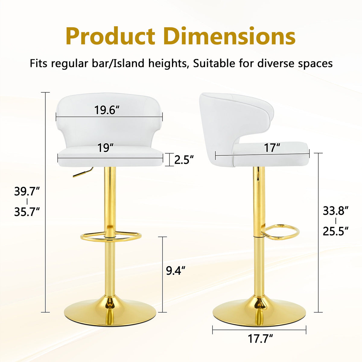 Adjustable Swivel Bar Chair With High Back Support For Kitchen Counter (Set of 2) - Gold / White