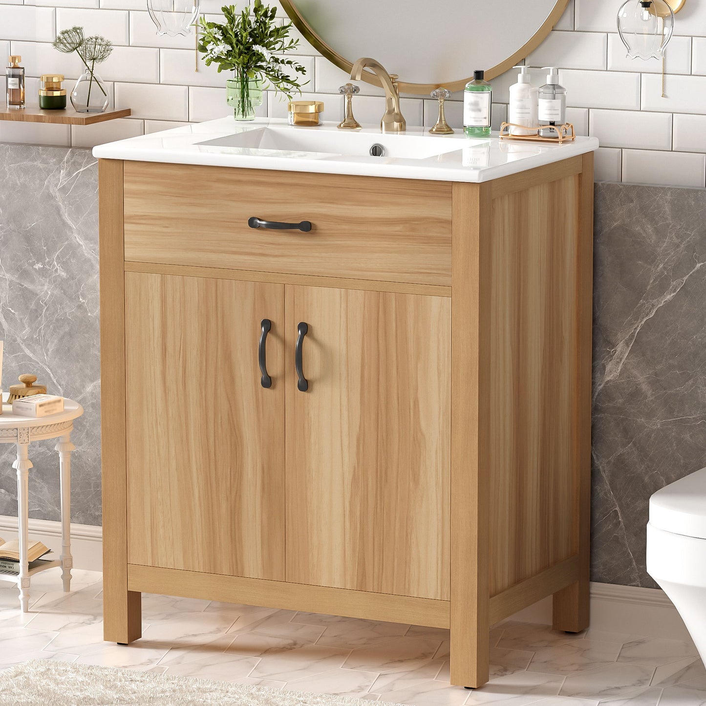 Bathroom Vanity With Flip Drawer, 2 Soft Close Doors, Adjustable Shelf And Ceramic Sink