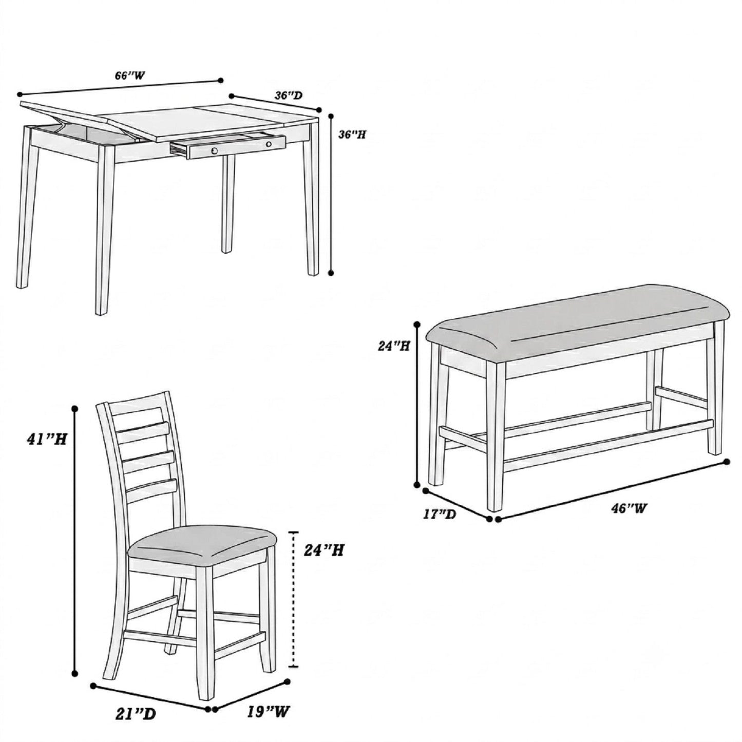 6 Piece Counter Height Dining Set Table With Storage Ladder Back Chairs And Bench - Walnut