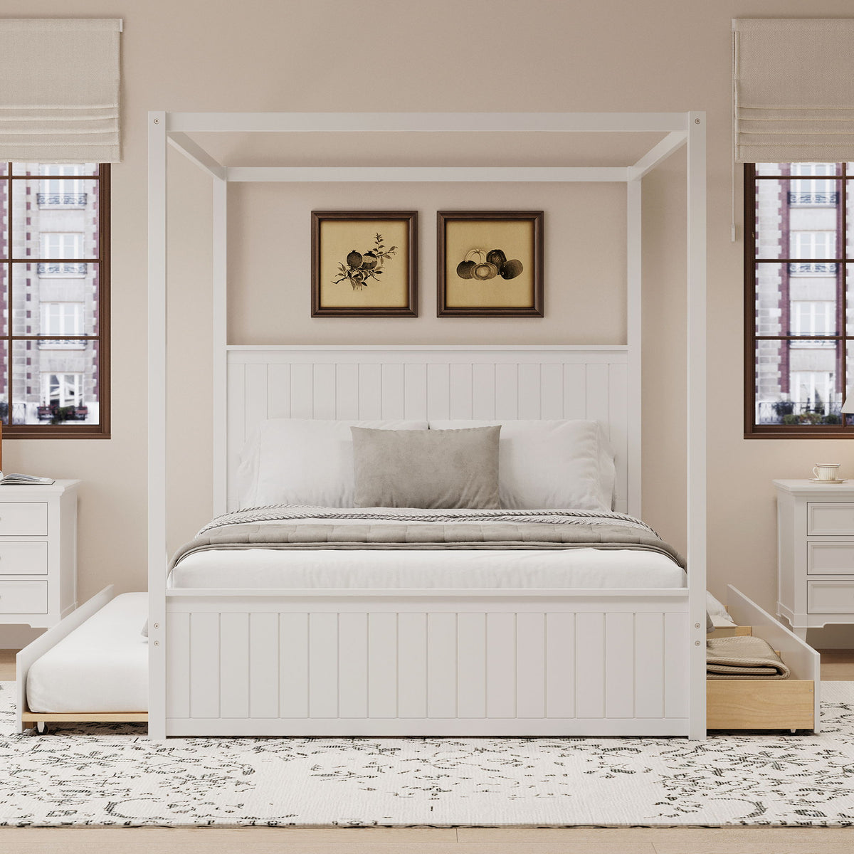 Canopy Platform Bed With Trundle And 3 Storage Drawers