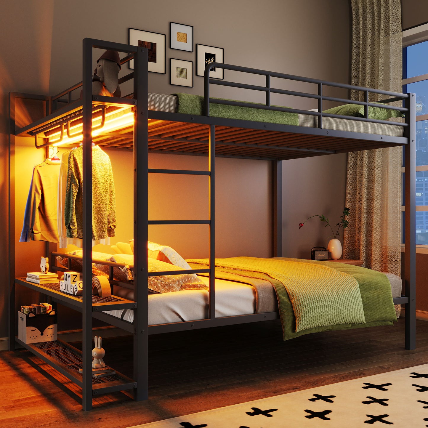 Bunk Bed With Storage Shelves, Clothes Hooks, LED Light