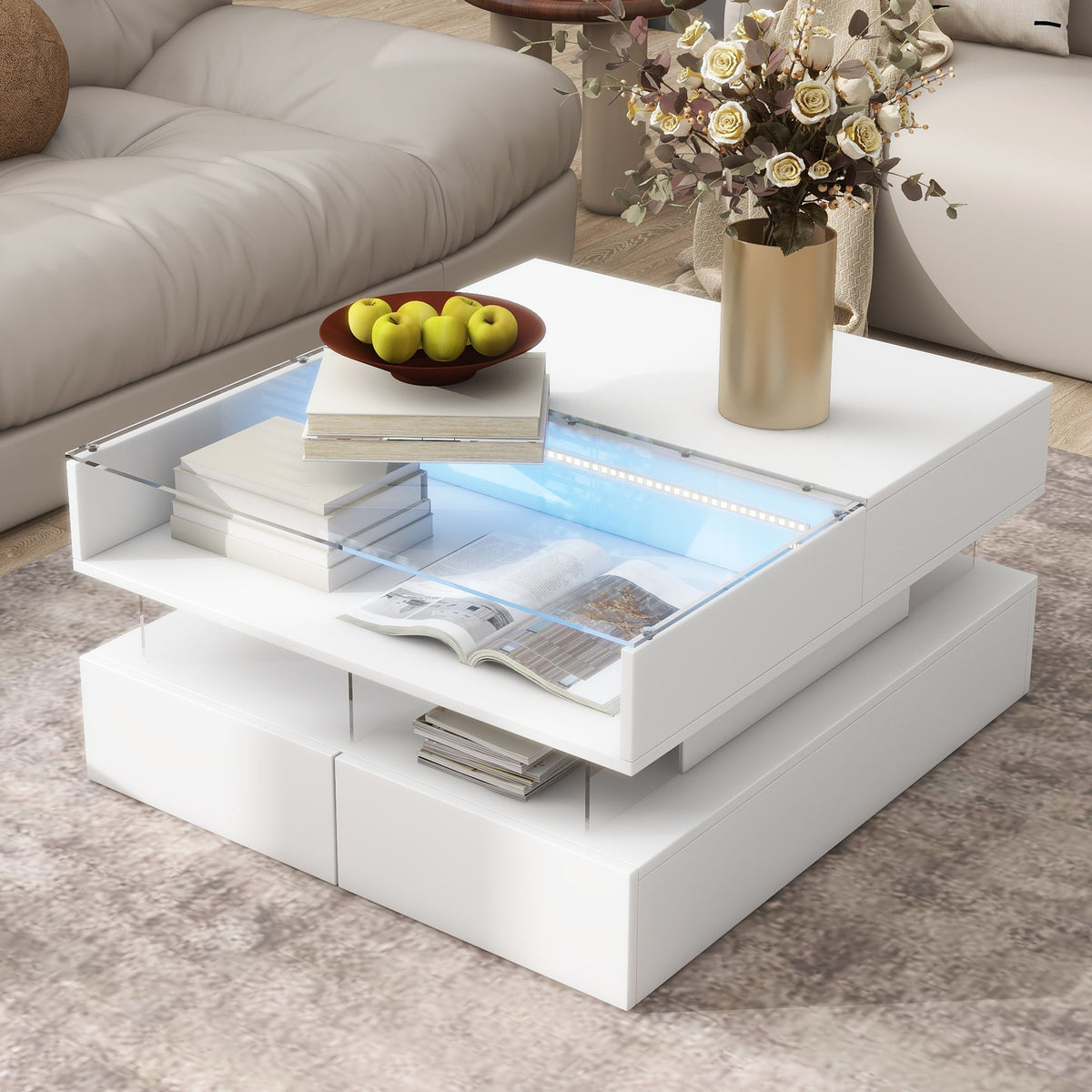 Lift Top Coffee Table With 2 Drawers, Hidden Space And LED Lights For Living Room
