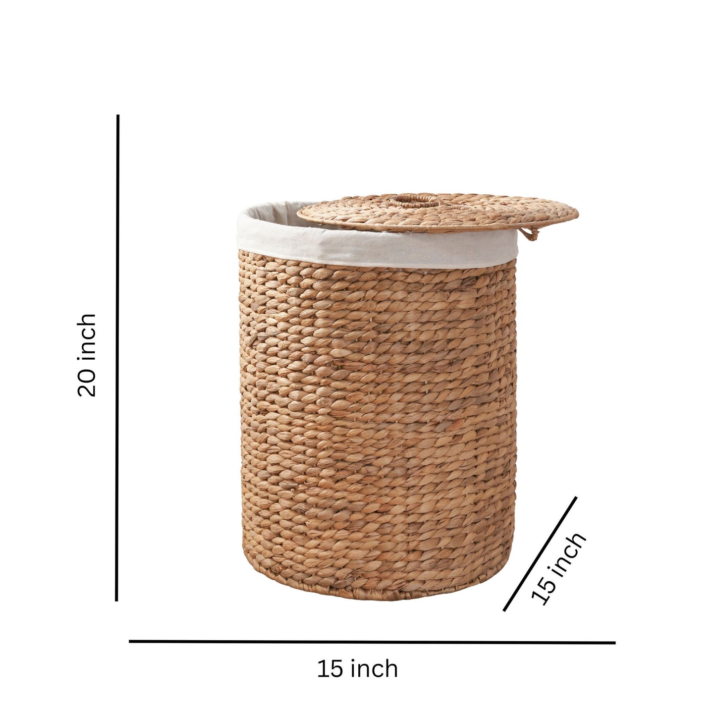 Round Tall Water Hyacinth Woven Wicker Laundry Hamper With Lid - For Clothes, Canvas, Toys And Book Storage With Removable Liner - 15" X 15" X 20" - Natural Brown