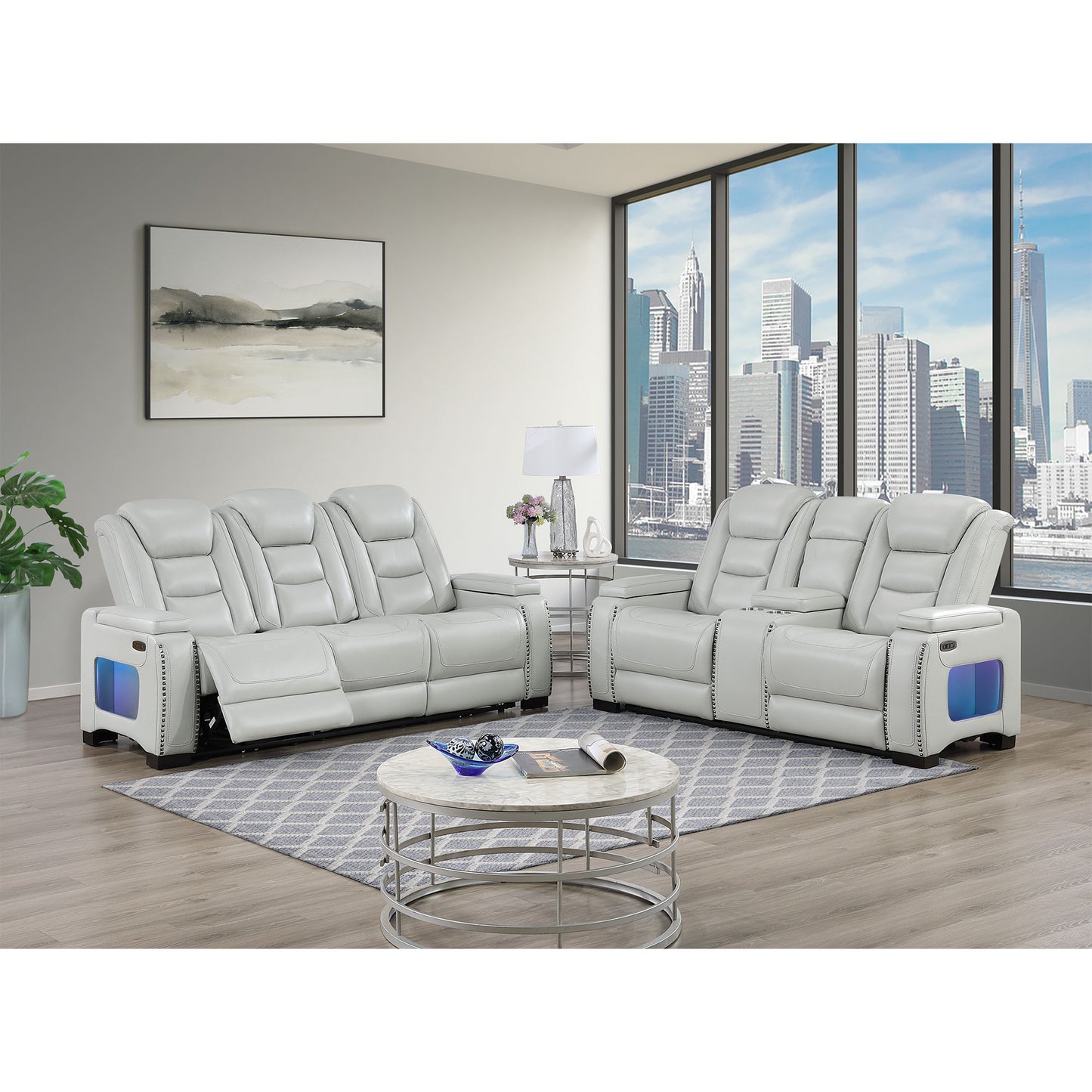 Power Sofa With USB LED Headrest, Bookshelf Arms, And Storage - Grey