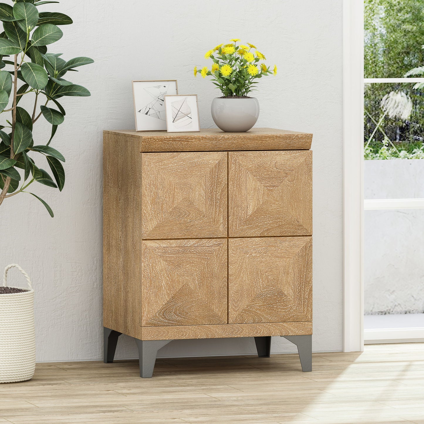 Boho Handcrafted Mango Wood Storage Cabinet With Iron Legs - Sandblasted Oak
