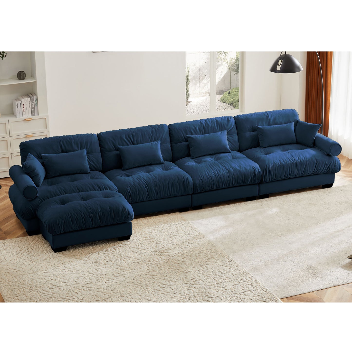 Modern Sectional Sofa With Ottoman, Round Bolster Armrests, Waist And Throw Pillows