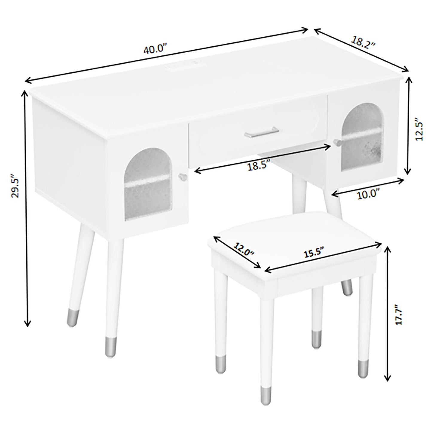 Elegant Vanity Makeup Table & Chair Set Modern Dressing Table With Organizer Writing Desk Charging Port Engineered Wood - White