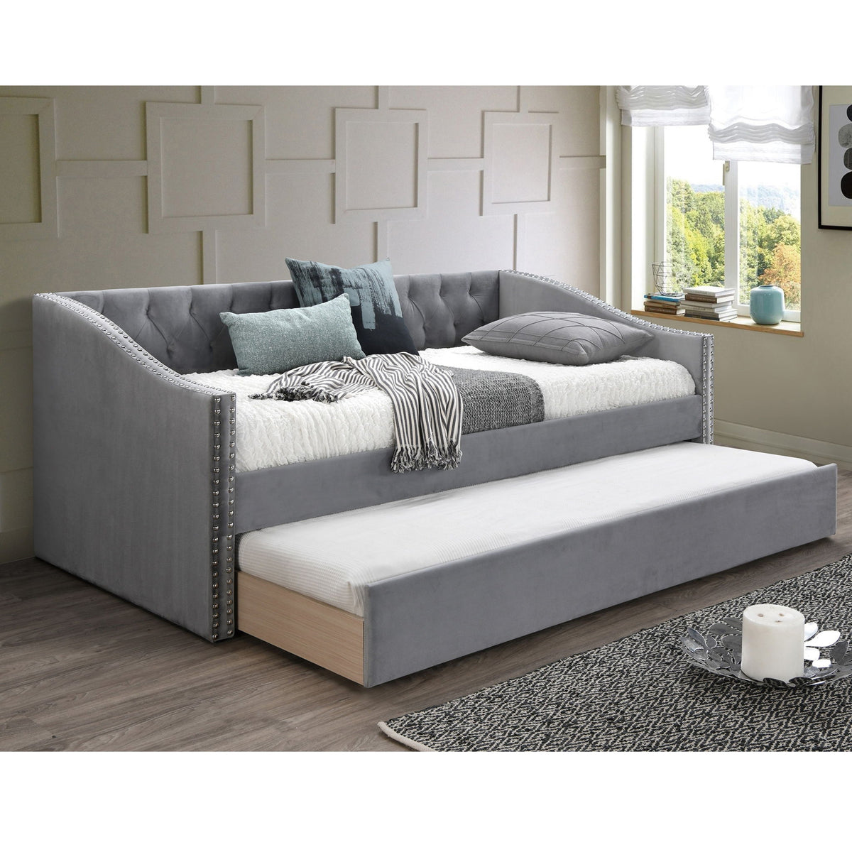 Daybed With Trundle Nailhead Trim Button Tufted