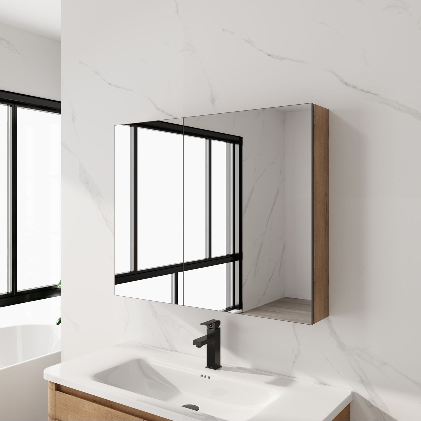 33.56" Wall Mounted Bathroom Cabinet With Adjustable Shelves - Imitative Oak