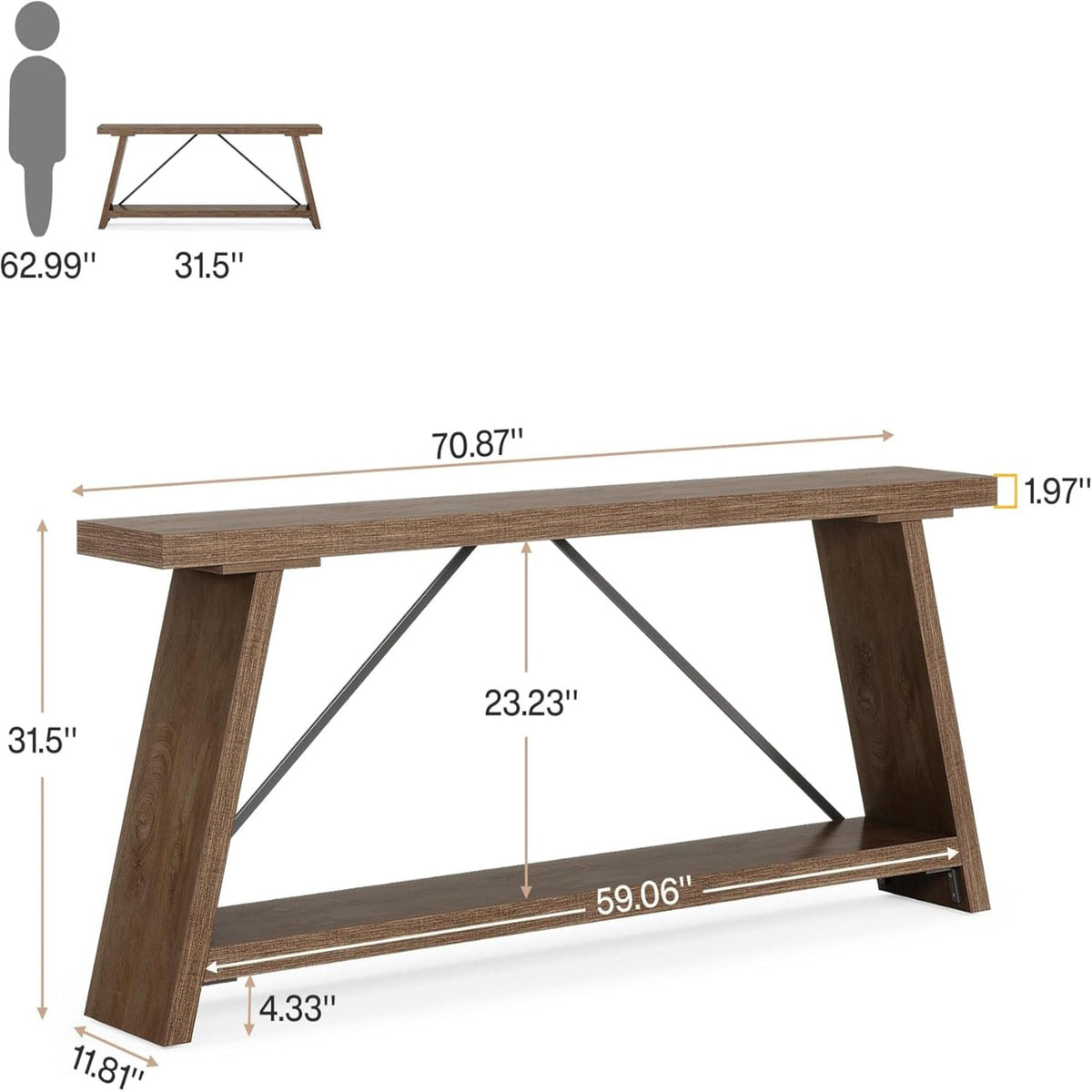 Console Table Extra Long Sofa Table With 2 Tier Shelves For Living Room