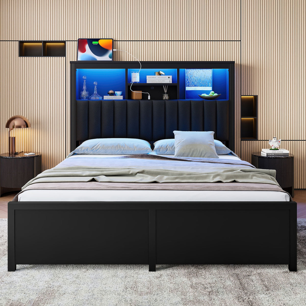 Bed Frame With High Storage Headboard, LED Light And Charging Station, 4 Storage Drawers
