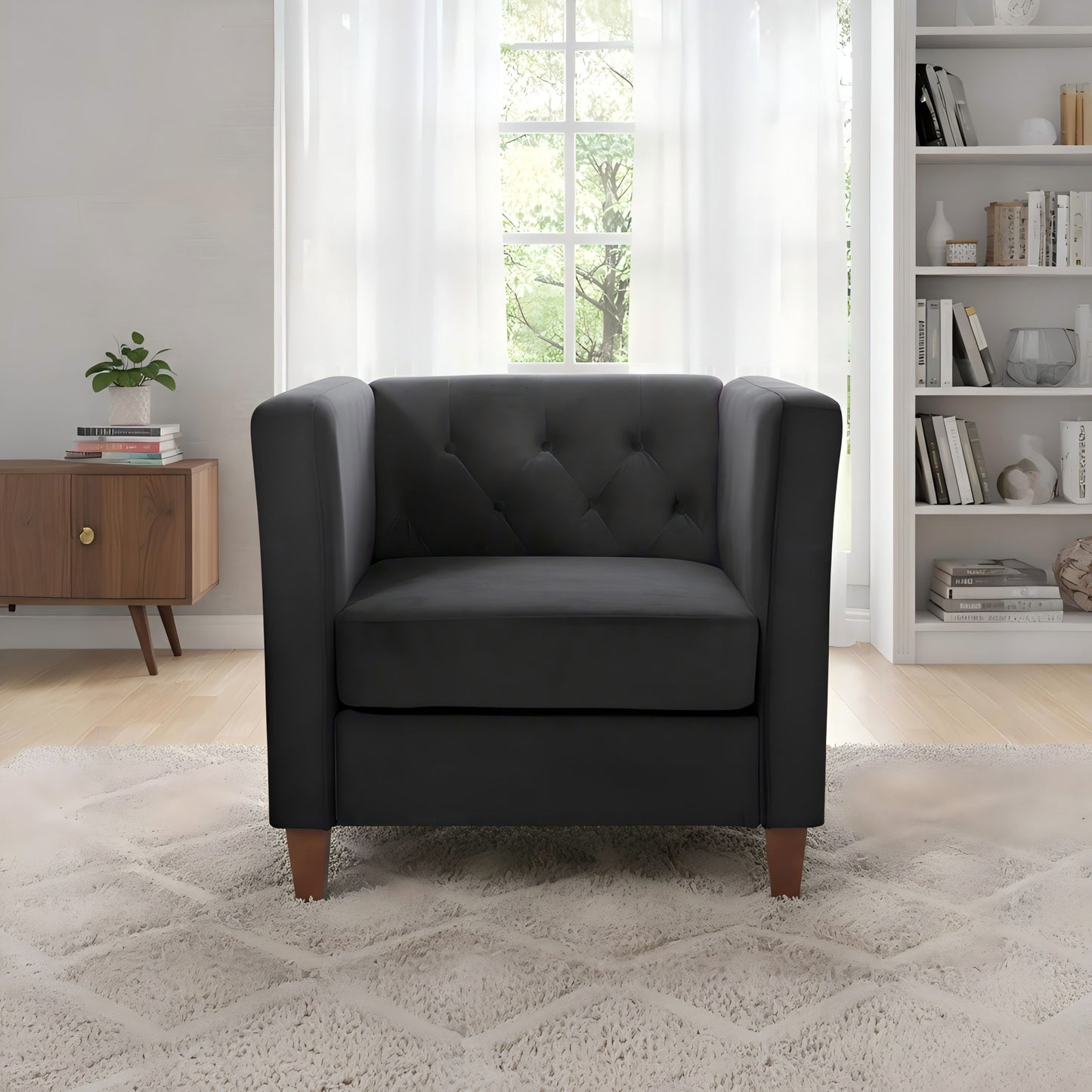 Button Tufted Accent Square Arm Upholstered Chair - Black