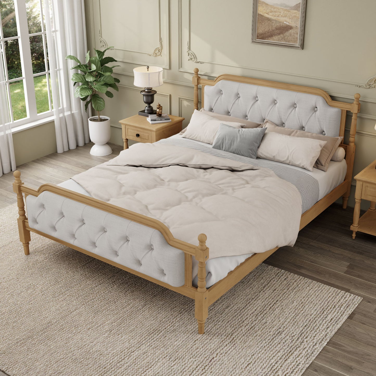 Traditional Style Solid Bed Frame With Upholstered Tufted Headboard, No Box Spring Needed