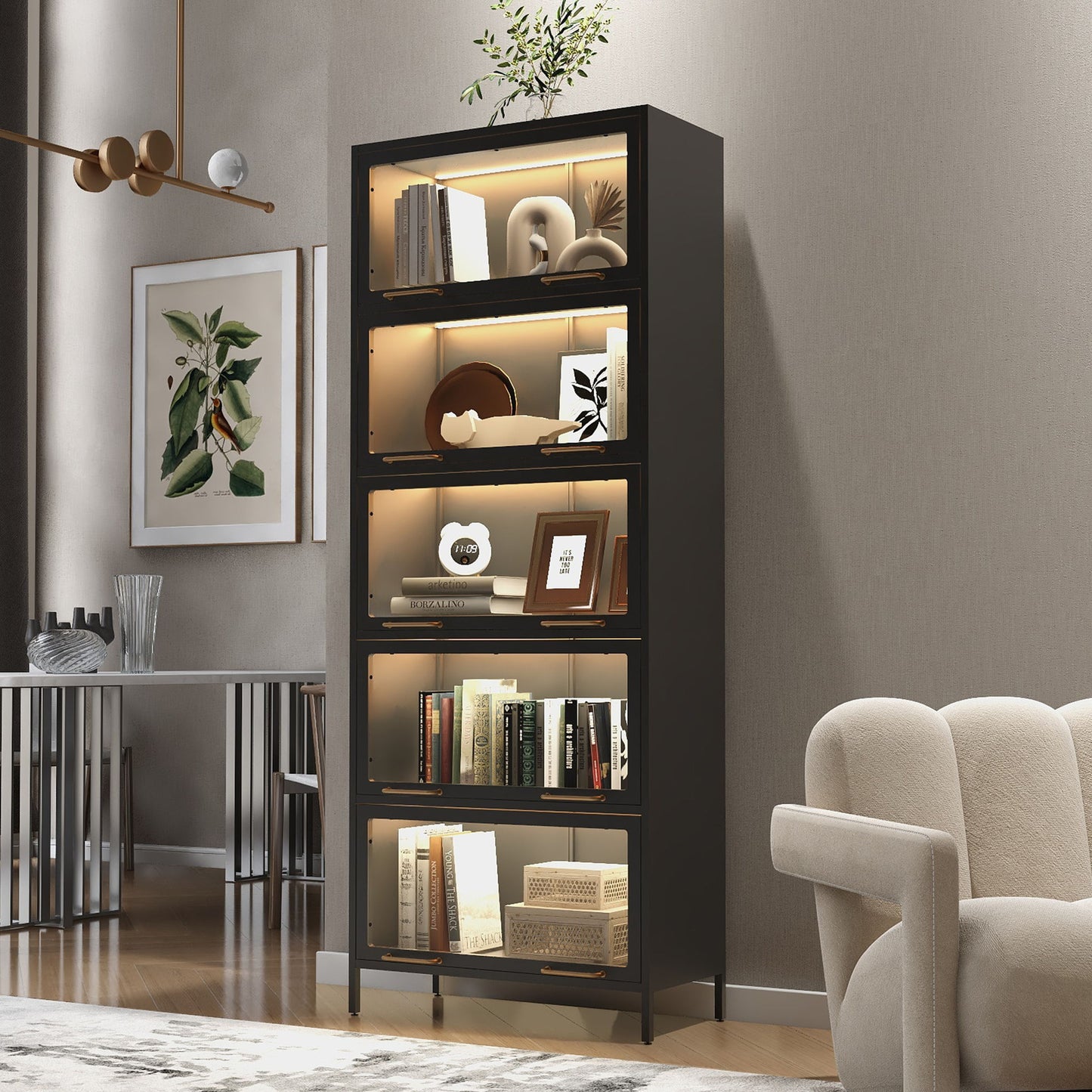 Modern Steel Display Cabinet With Glass Doors And LED Lights, 5 Tier Steel Barrister Bookcase For Home Or Office - Black