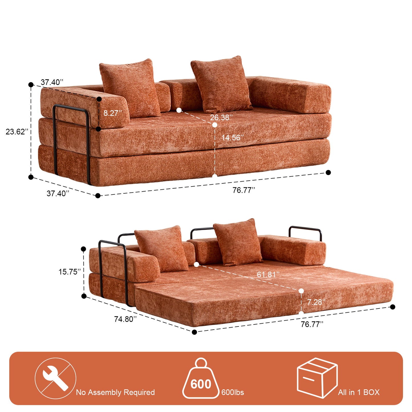 Convertible Floor Sofa Bed With Pillow Back Support Armrest