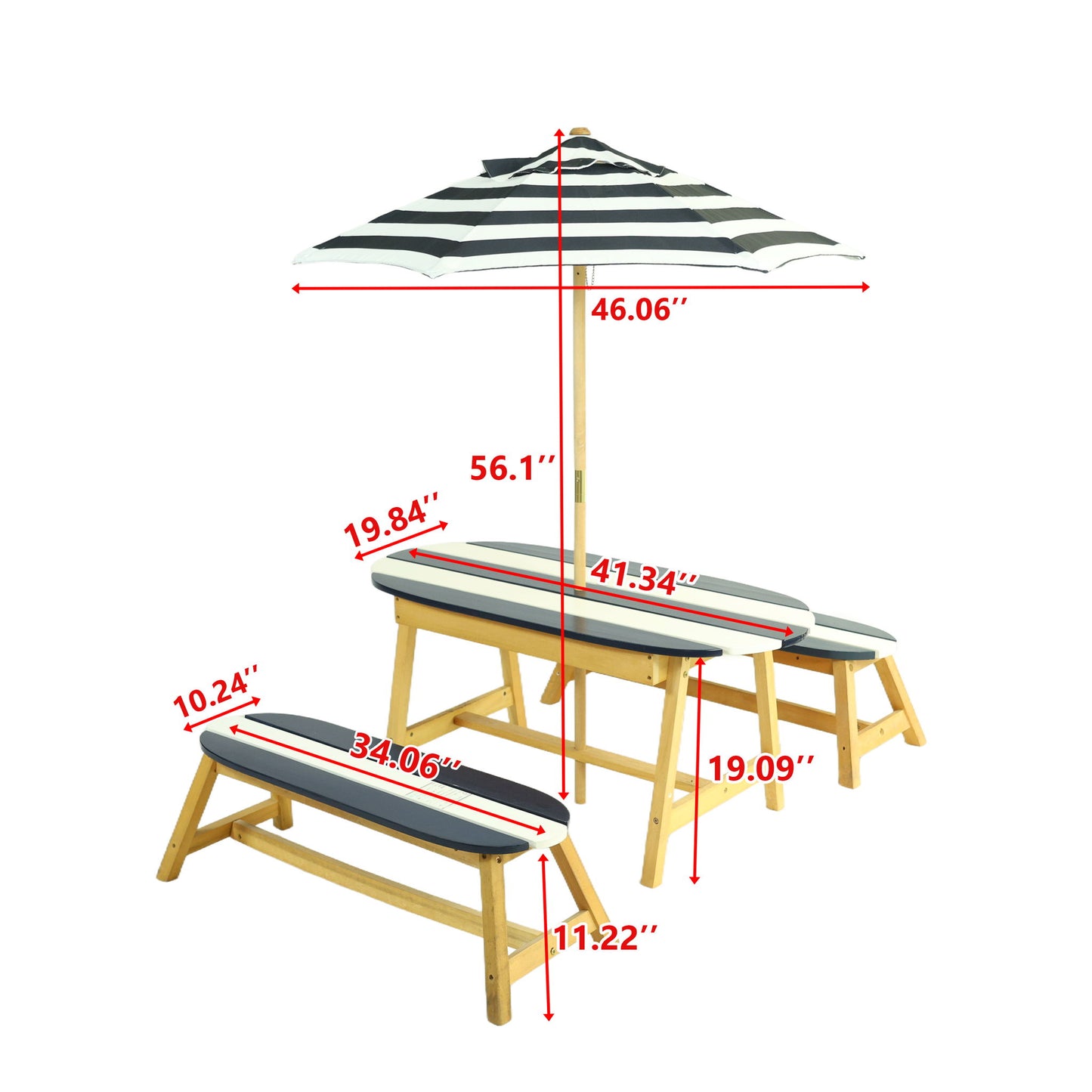 Naturally Playful Kids Picnic Table With Umbrella, Indoor / Outdoor Fun - Blue / White Stripes