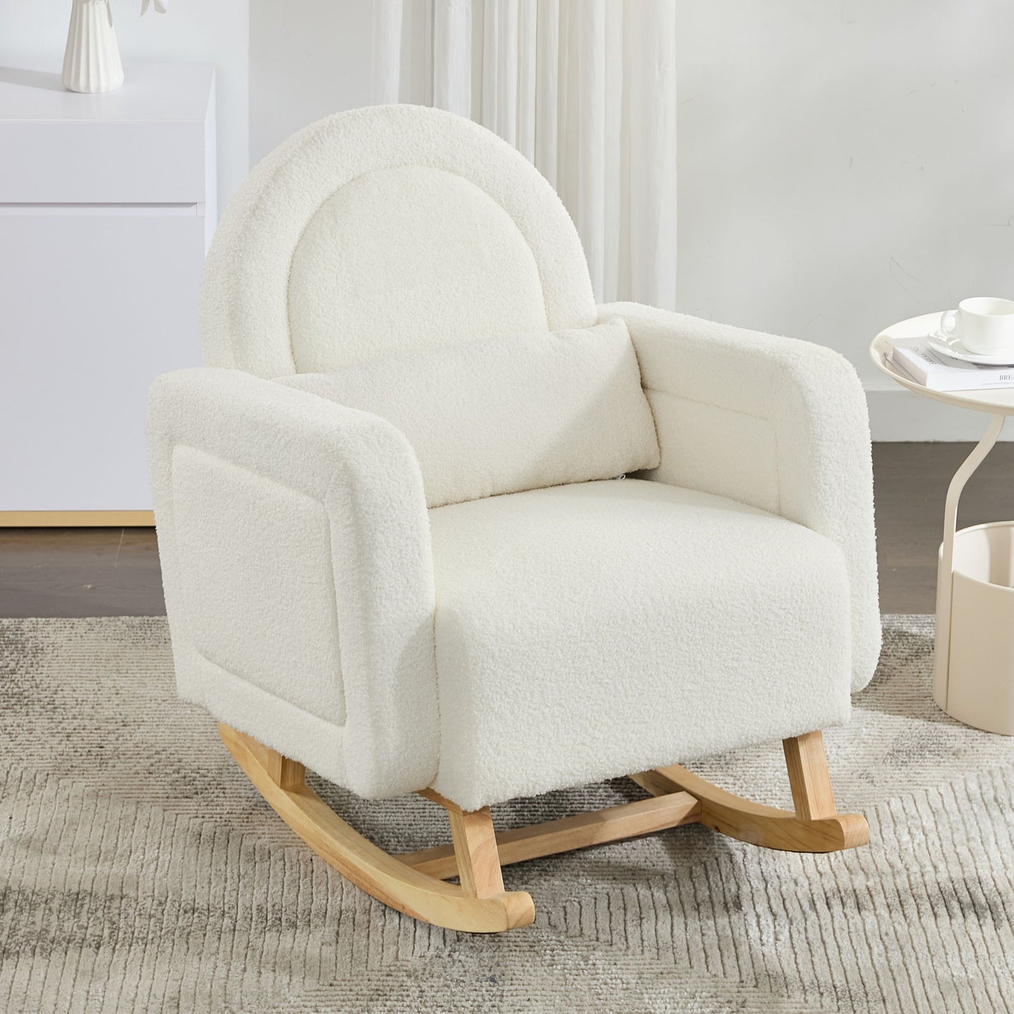 Accent Rocking Chair With Curved Back & Pillow, Base, Ultimate Comfort For Living Room Or Nursery - Cream White