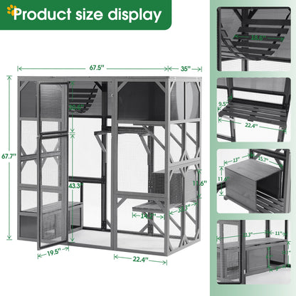 Outdoor Wooden Cat House Catio Enclosure With Super Large Enter Door Cat Kennel With Bouncy Bridge, Platforms And Small Houses Walk In Kitten Cage With Sunshine Board - Dark Gray