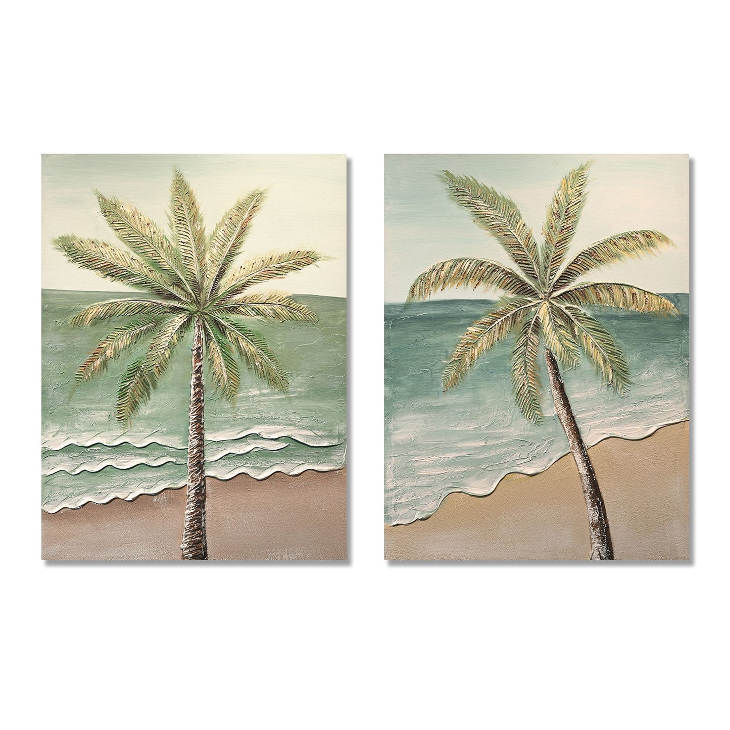 Palm Tree Wall Art, Beach Canvas Painting With Accents, Hand Painted Textured Tropical Decor (Set of 2) - Aqua Blue