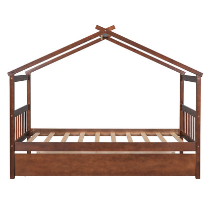 Wooden House Bed With Twin Size Trundle