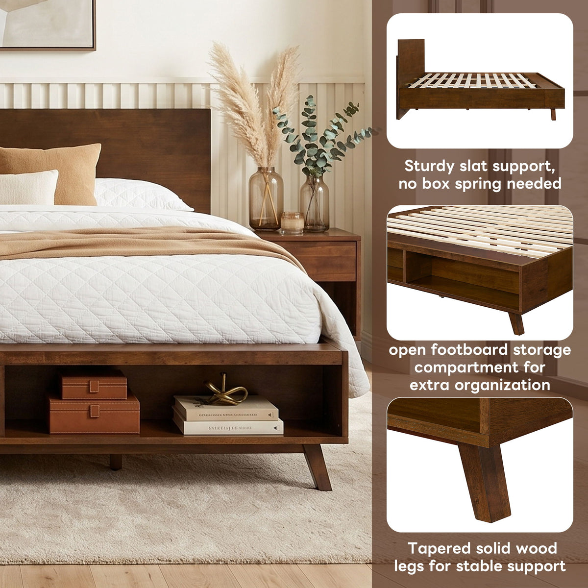 Queen Size Platform Bed Frame With Footboard Storage - Walnut