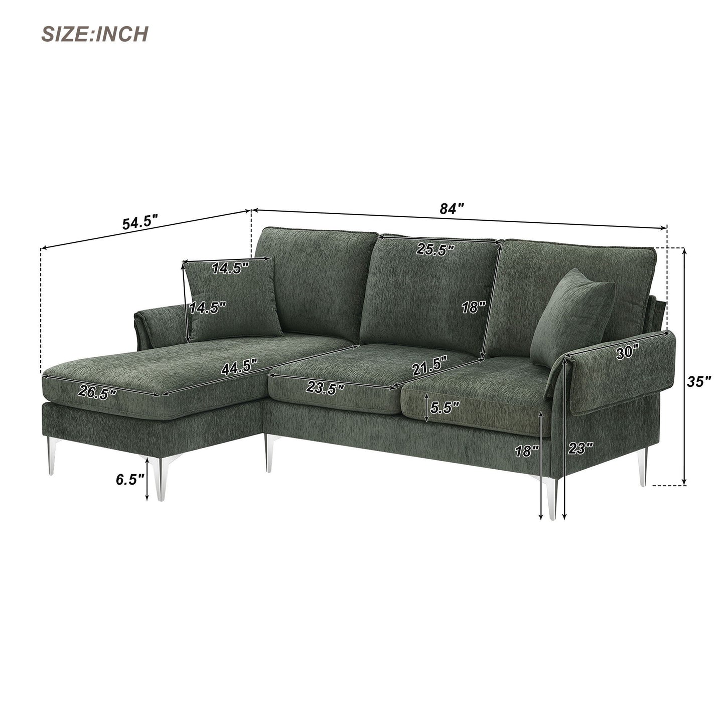 Convertible Sectional Sofa, Modern Chenille L-Shaped Sofa Couch With Reversible Chaise Lounge, Fit For Living Room, Apartment (2 Pillows)